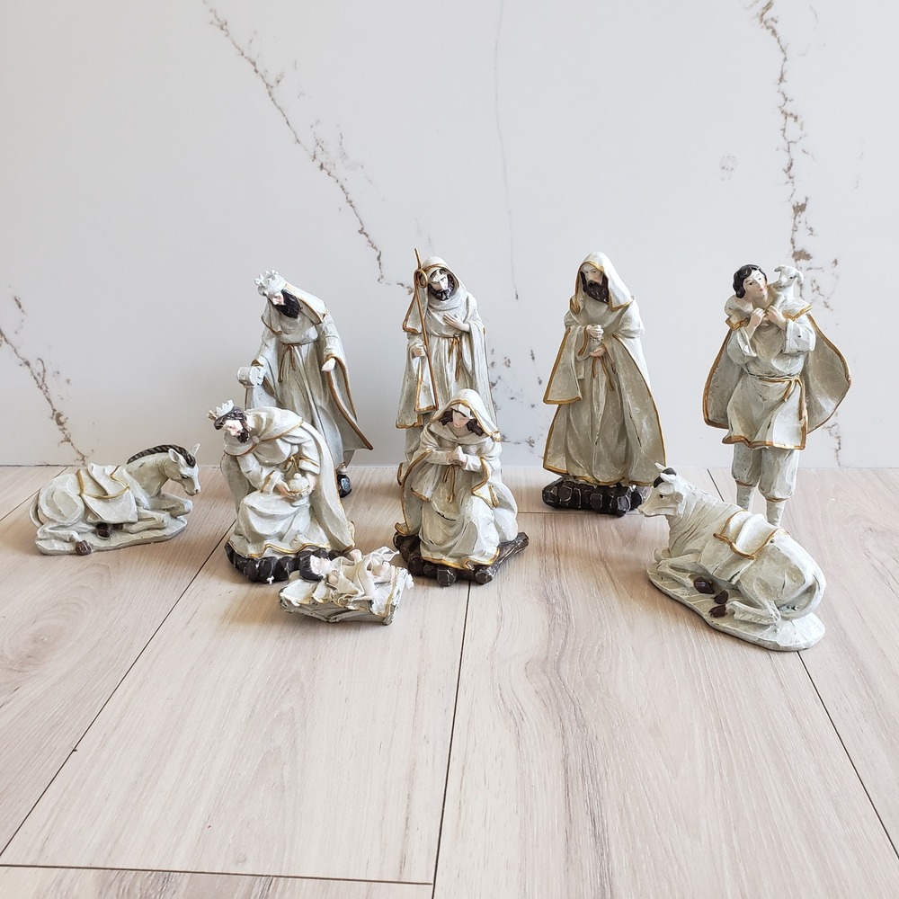 Enchanted Forest Nativity‎ Set Retro White Gold 8 Pc Traditional Christmas Decor